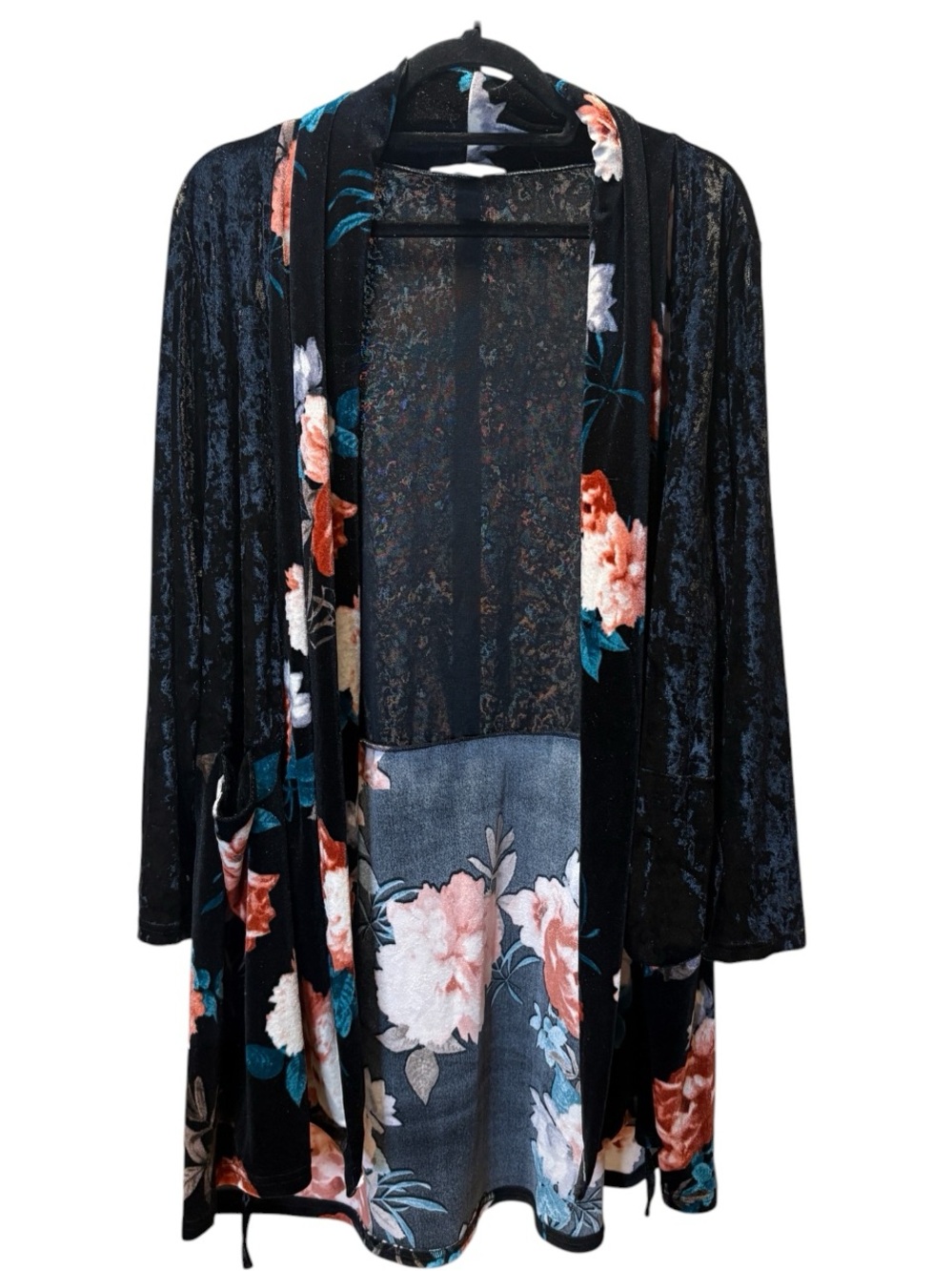 Cozy Casual Floral Velvet Open-Front Cardigan - Black with Coral & Teal Accents